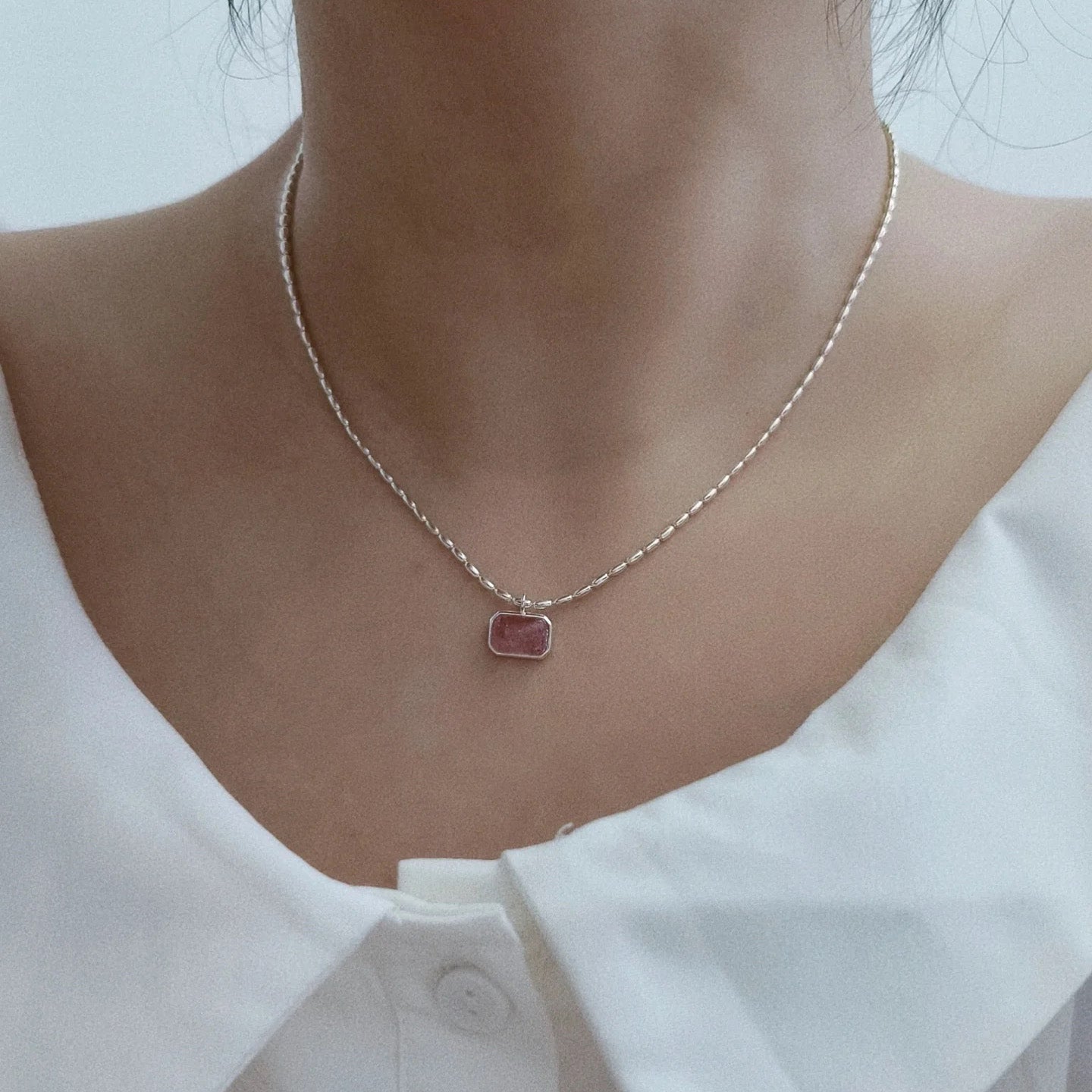 Strawberry Glow – Sterling Silver Quartz Necklace