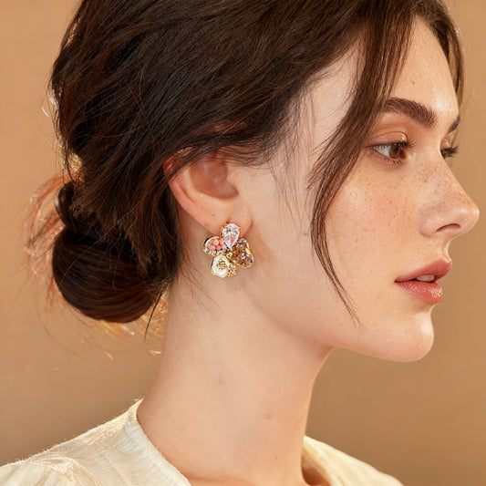 Vintage Five-Petal Crystal Stud Earrings