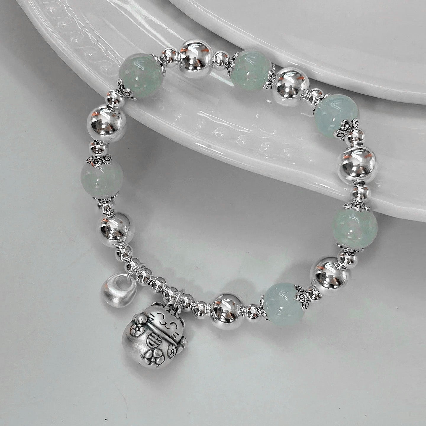 Lucky Cat – Sterling Silver Aquamarine Bracelet