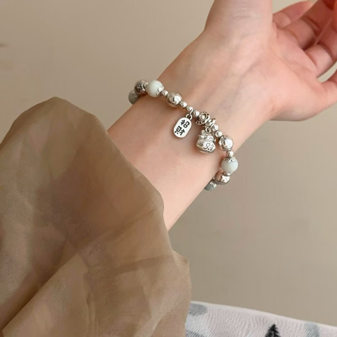Lucky Cat – Sterling Silver Aquamarine Bracelet