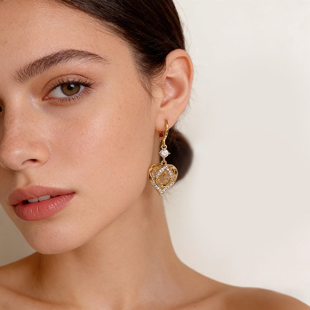 Gold Sparkling Love Heart Dangle Earrings Valentine’s Day Earrings