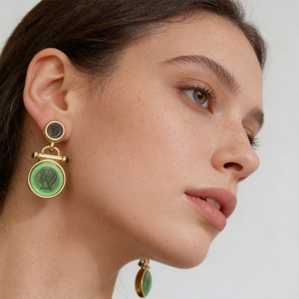 Eye-Catching Green Cameo Statement Earrings