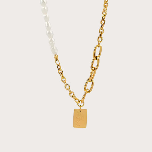 Pearl Necklace With LOVE-Engraved Square Pendant