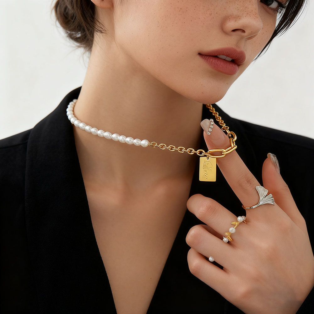 Pearl Necklace With LOVE-Engraved Square Pendant