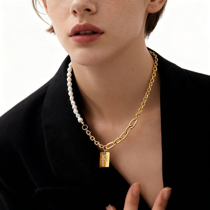 Pearl Necklace With LOVE-Engraved Square Pendant