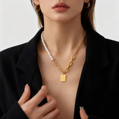 Pearl Necklace With LOVE-Engraved Square Pendant