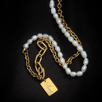 Pearl Necklace With LOVE-Engraved Square Pendant
