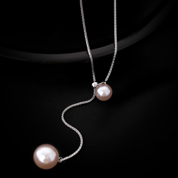 Long Pearl Tassel Necklace – 18K White Gold Plated Aurora Pearl Pendant