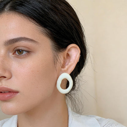 Oval Creamy White Hollow/Cutout Stud Earrings