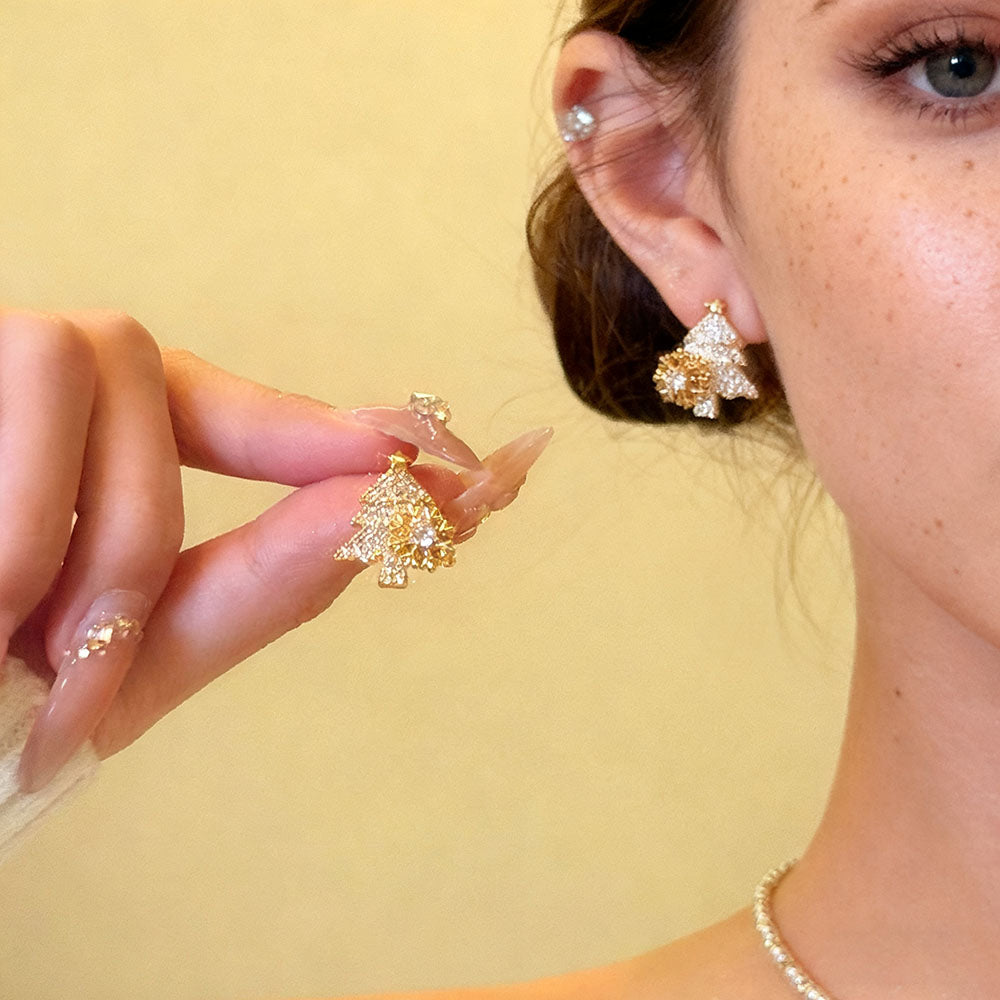 Rotating Snowflake Christmas Tree Stud Earrings