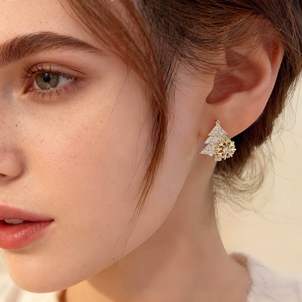 Rotating Snowflake Christmas Tree Stud Earrings