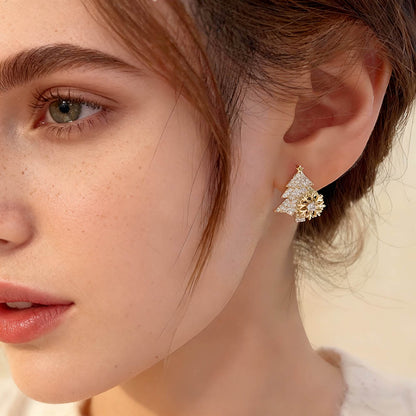 Rotating Snowflake Christmas Tree Stud Earrings