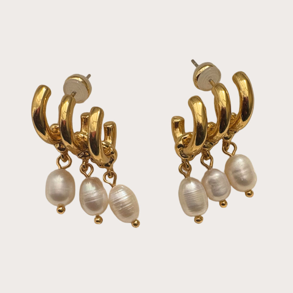 Three-Circle Natural Pearl Stud Earrings