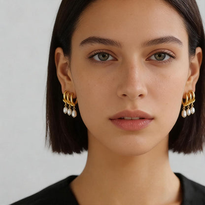 Three-Circle Natural Pearl Stud Earrings