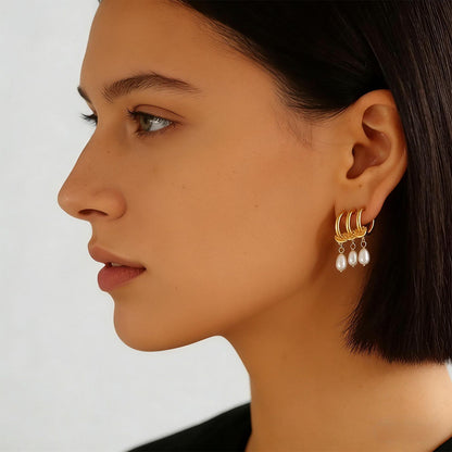 Three-Circle Natural Pearl Stud Earrings