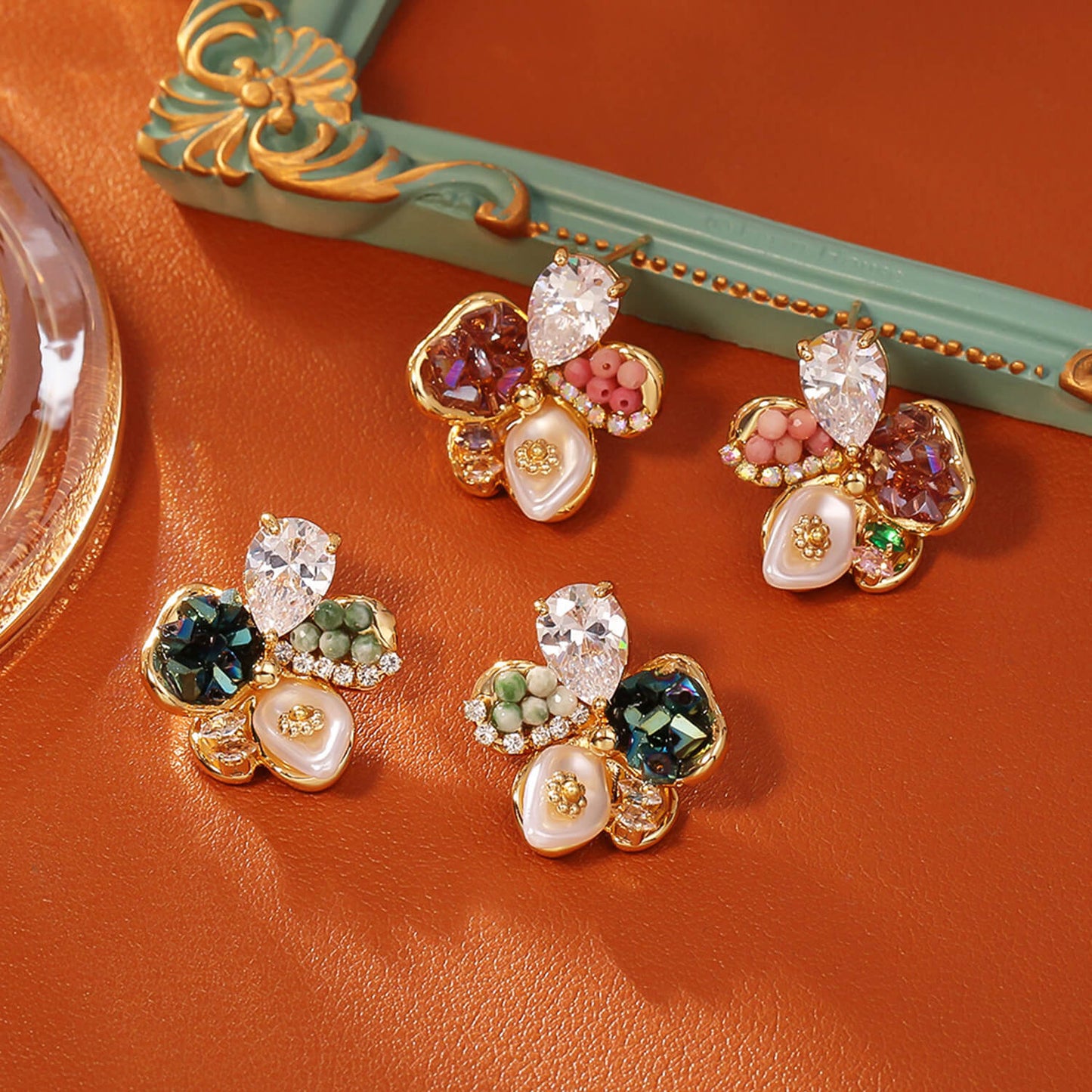 Vintage Five-Petal Crystal Stud Earrings