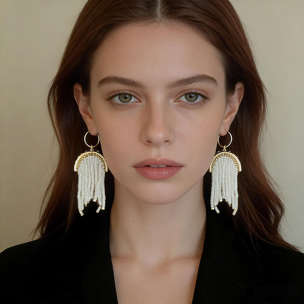 Vintage Hand-Beaded Tassel Metal Earrings