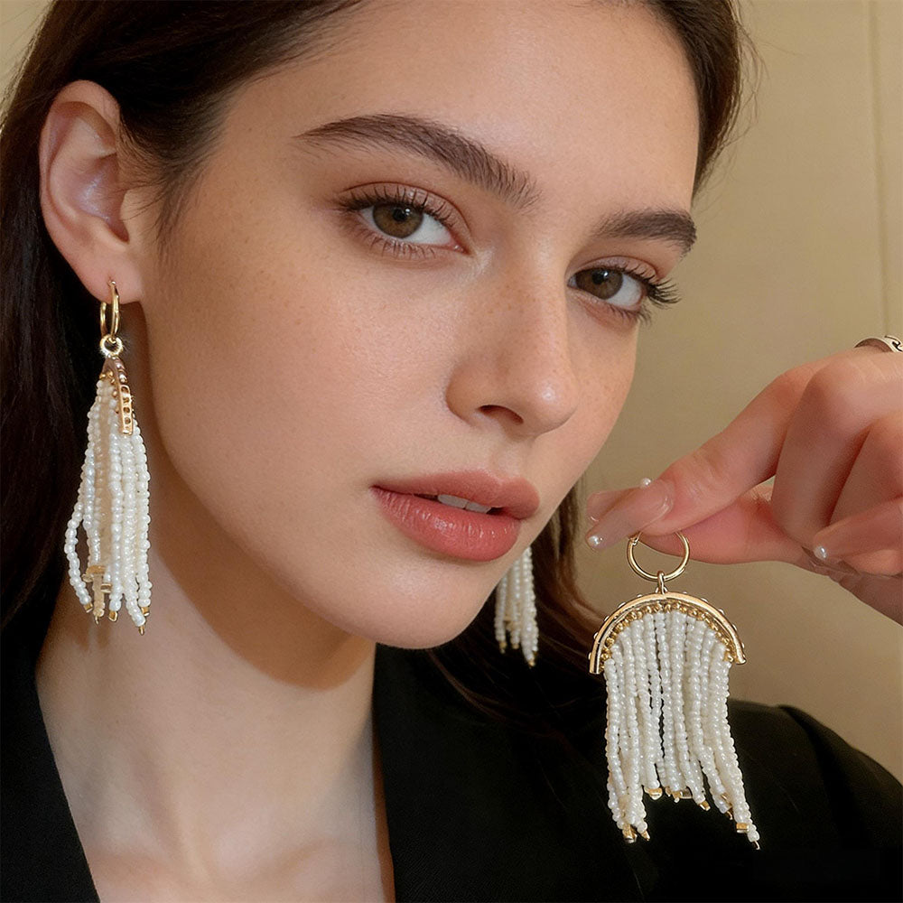 Vintage Hand-Beaded Tassel Metal Earrings